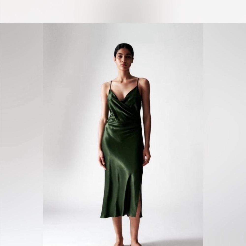 Zara Deep Green Satin Dress Midi